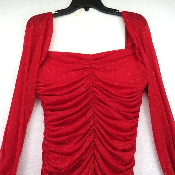 Jump Apparel Dress Size XL Red Long Sleeve Ruched Glitter Mini Knotched Neck New - Picture 4 of 11
